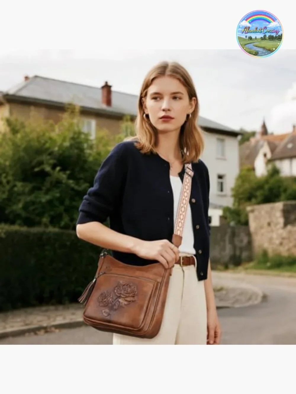 Trendy Vegan Leather Hobo Crossbody Bag with Embossed Floral Rabbit Pattern
